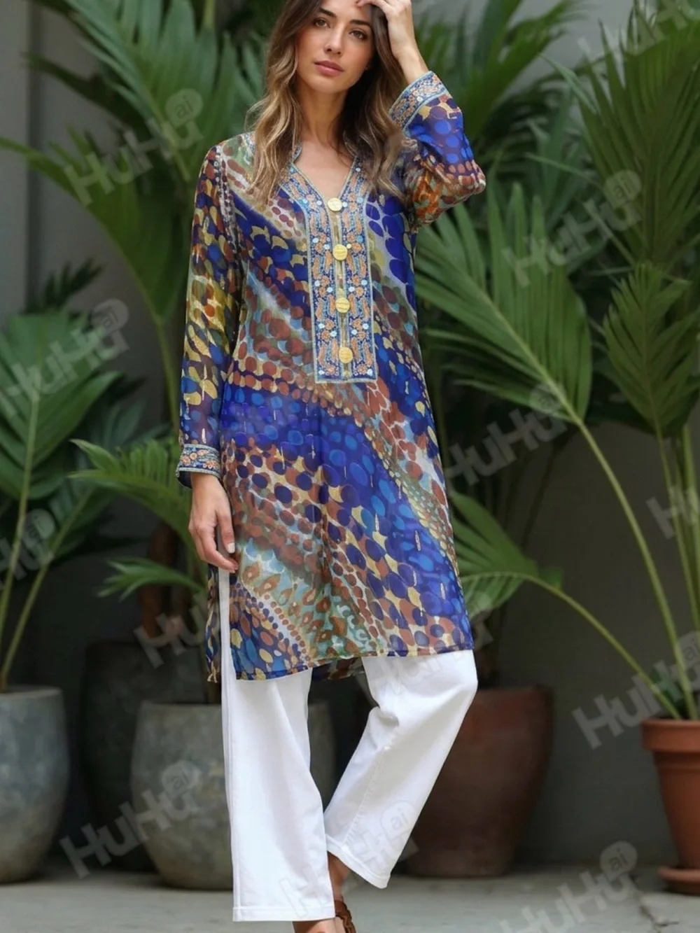 Vibrant Multicolor Printed three-quarter length sleeves Women’s Dress